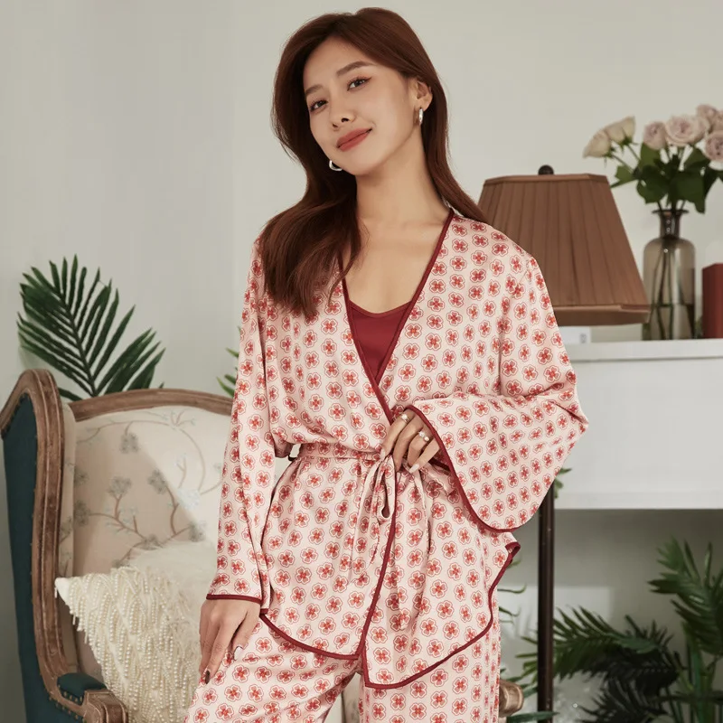 Women's Pajamas Sets Floral Pijama Ice Silk Female Pyjama Long Sleeve Kimono Robe Sling Pants 3PCS Sleepwear Suit Homewear