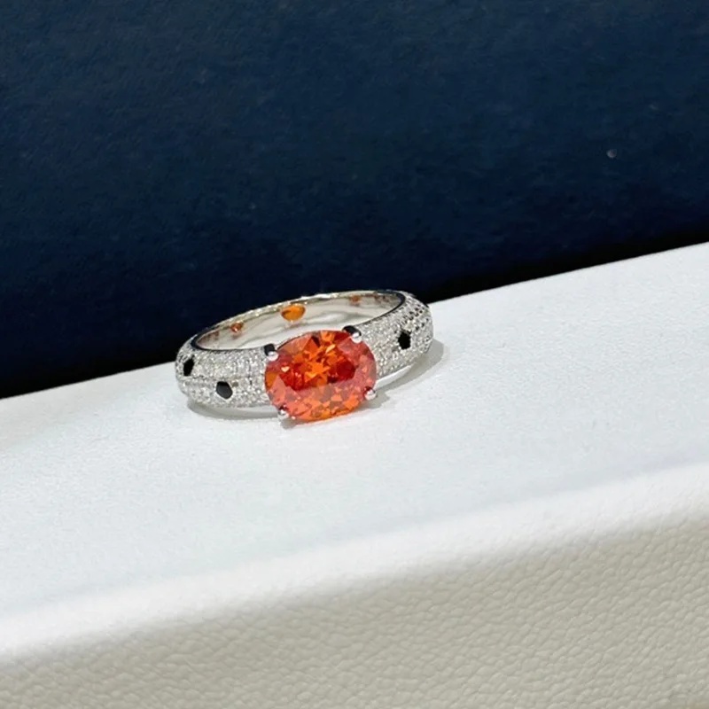 S925Серебряное оранжевое кольцо с леопардовым принтом и полным бриллиантом из