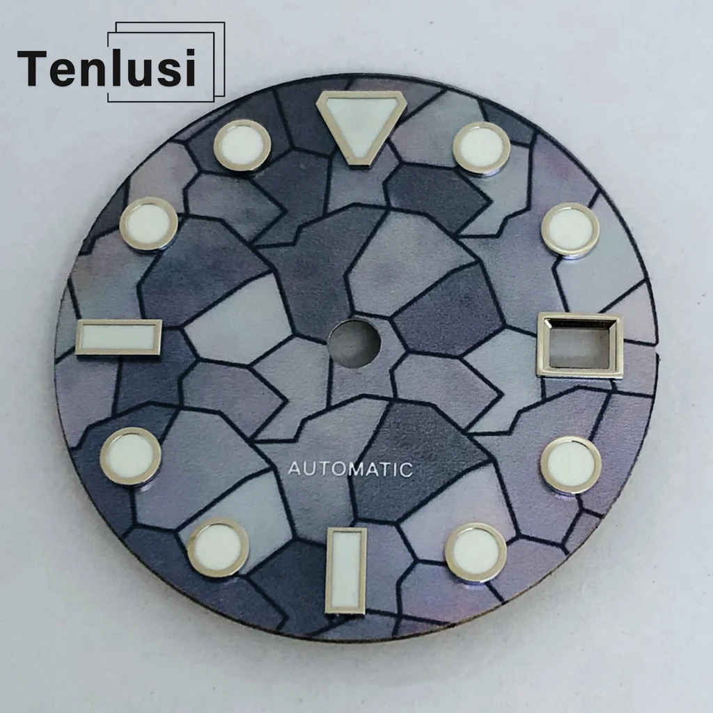 Фото Циферблат часов Tenlusi 28,5 мм NH35, синий, зеленый, светящийся циферблат, стерильный черный, синий, серебристый, зеленый, детали часов №3