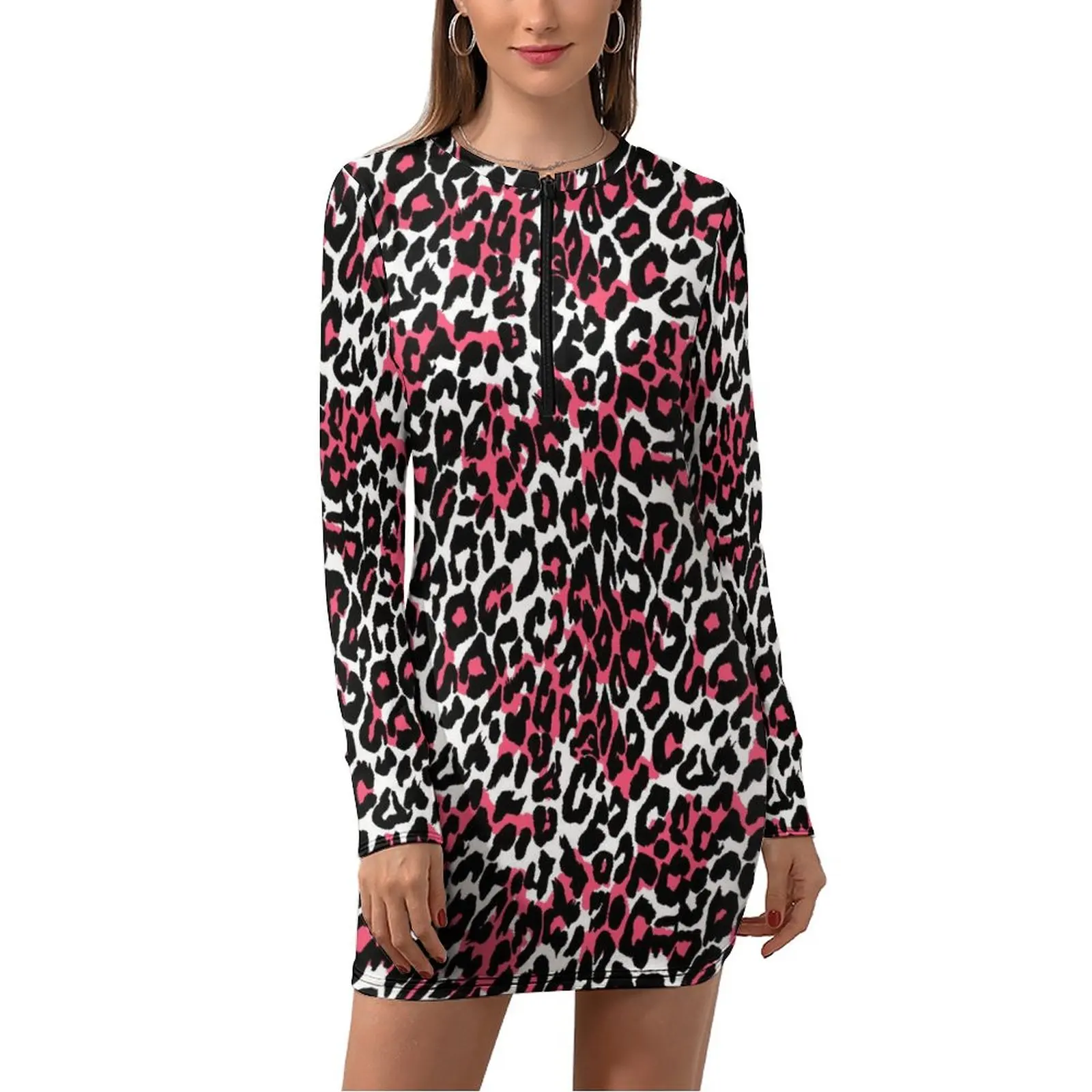 

Pink Leopard Dress Long Sleeve Animal Skin Print Aesthetic Dresses Summer Vintage Bodycon Dress Women Graphic Oversize Clothing