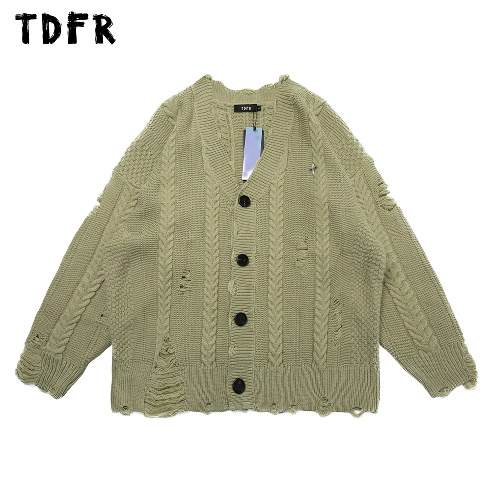 

Ripped Jacquard Sweater Outerwear Mens Autumn Winter Casual Loose Single Breasted Knitted Cardigan Men