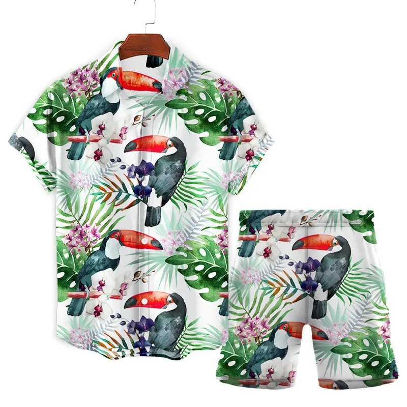 

Men Ladies Summer Digital Printing Hot Sale High Quality Trend Shirt Set Fruit Parrot Cardigan Top and Shorts 2 Piece Set