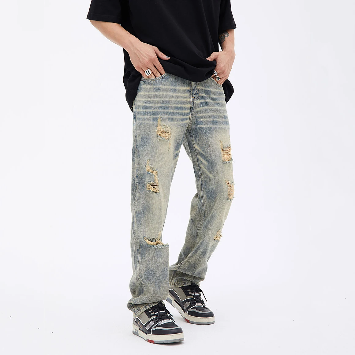 Men's Pants Four Seasons American Fashion Trend Hole Loose Jeans Men's and Women Same Style Streetwear Ins Hot Sale baggy jeans