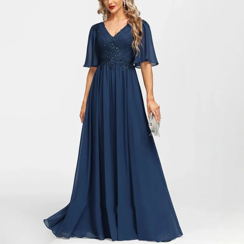 

Elegant Long Mother of the Bride Dress Sequin Chiffon V-Neck Floor-Length A-Line Wedding Guest Party for Women 2023 Evening Gala