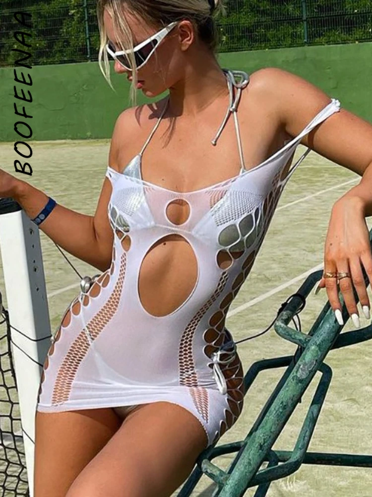

BOOFEENAA Sexy Hollow Out Mesh Mini Dress Summer 2022 Fashion Women Clothing See Through Outfits Club Wear Bodycon Dress C15AE10