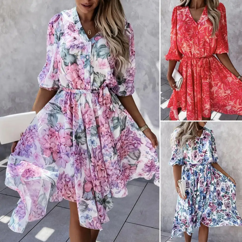 

Casual Dress Mid-calf V Neck A-Line Floral Print Women Dress for Dating