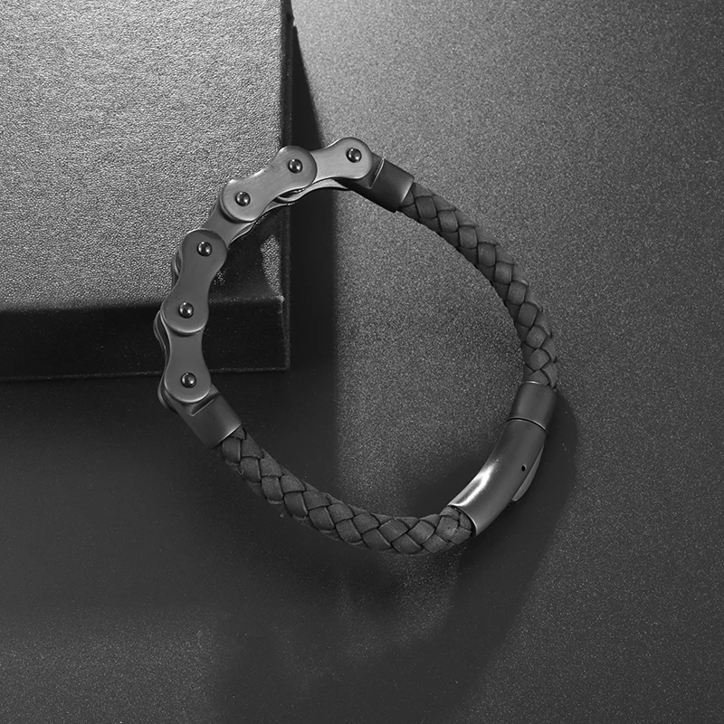 

Men's Black High Quality Metal Bike Chain Leather Bracelet Hip Hop Rock Party Bike Jewelry Accessories