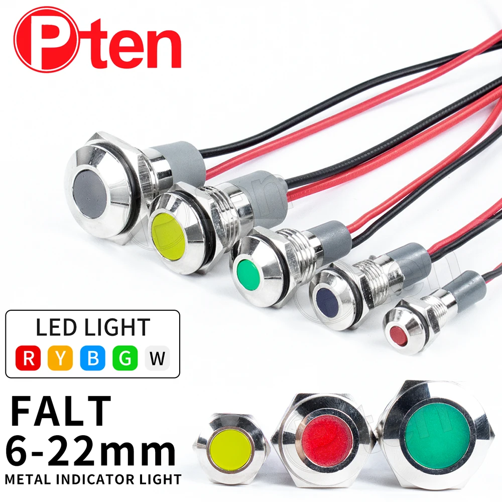 

6/8/10/12/16/19/22mm Flat Metal LED Warning Indicator Light Signal Lamp Pilot WireWaterproof IP65 3-6V 12-24V 220V Power