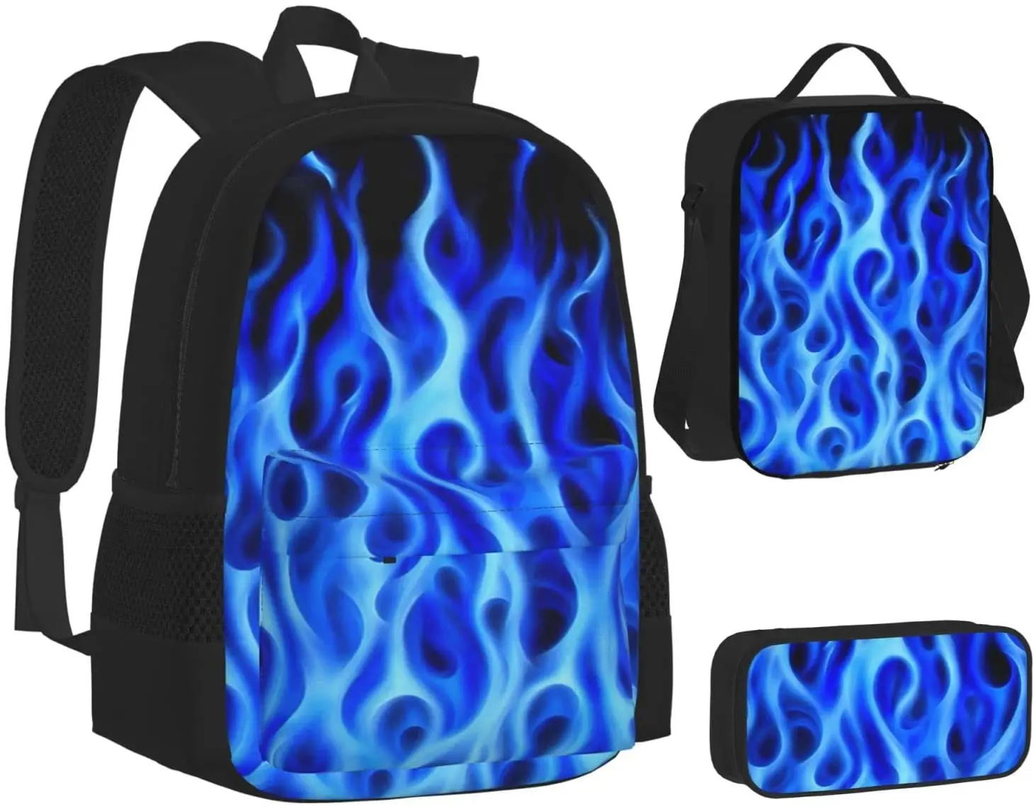 Blue Flame Fire Patriotic Premium Schoolbag Travel Bag Casual Daypack Lunch Bag Pencil Case for Boys Teens Girls 3pcs Sets