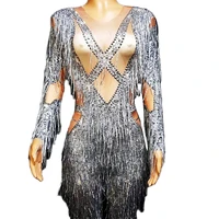 shining silver tassel rhinestones sequins sexy women jumpsuits pole dance stage perform costume club party rave drag queen wear