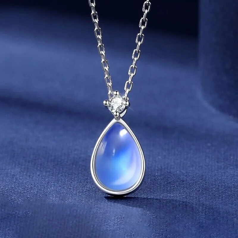 Sterling Silver Plated Natural Sea Blue Moonstone Pendant Small Water Drop Necklace Women's Light Luxury Design High-En... |