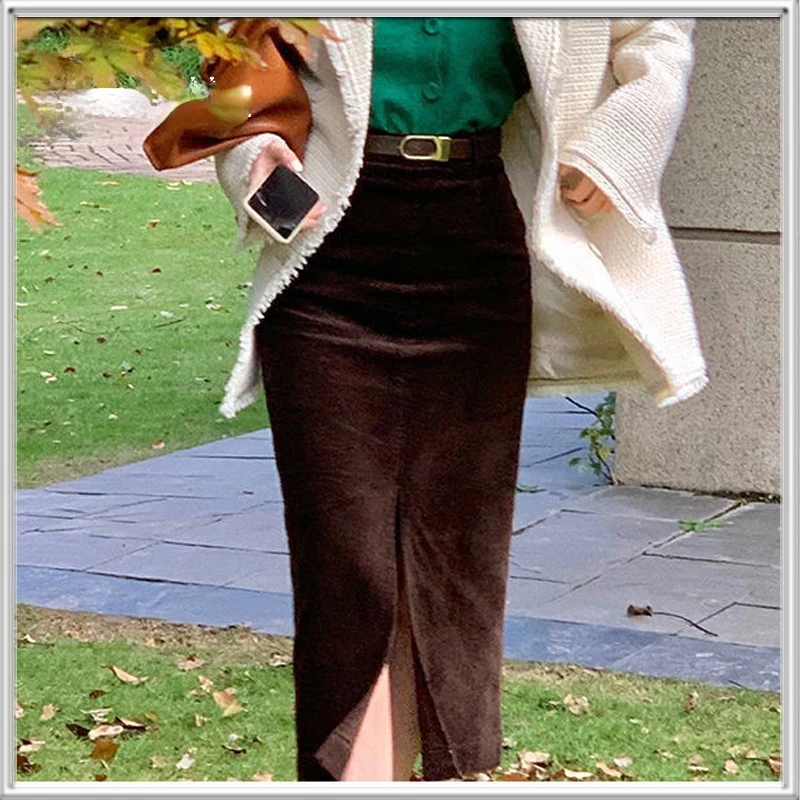 

Вельветовая длинная юбка с разрезом, Повседневная стильная ретро юбка средней длины с высокой талией, модная женская одежда на лето и весну ...