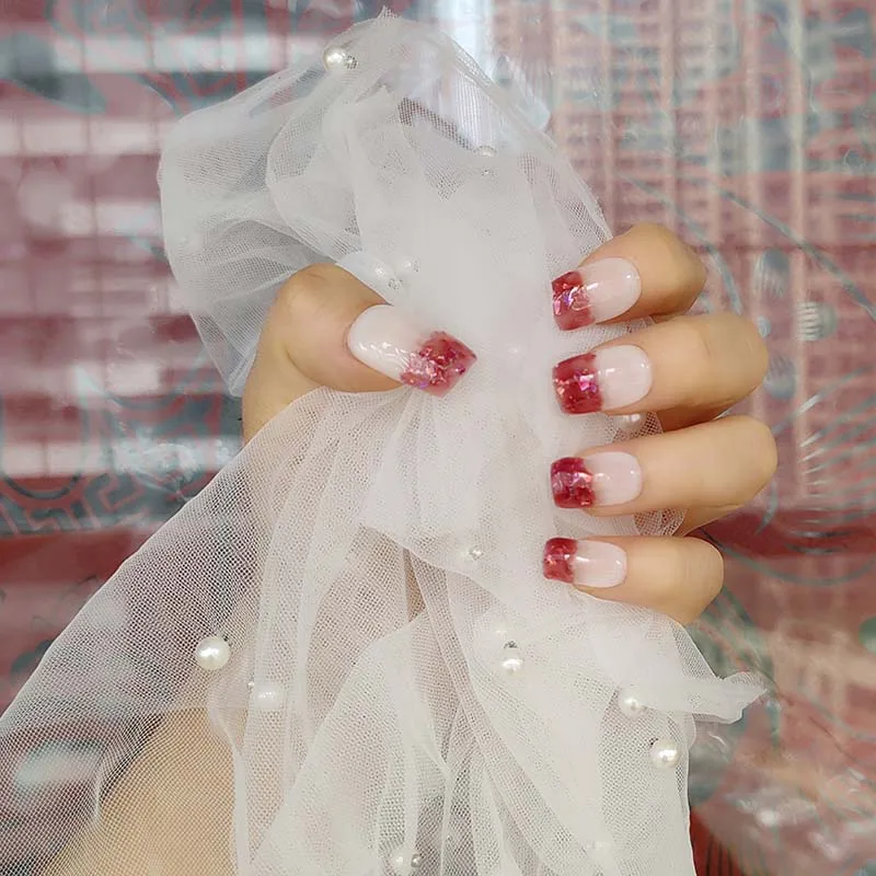 

24Pcs/Box Charming Pink Glitter Short Ballet Wearable Fake Nails press on Square Head Full Cover Detachable Finished Fingernails