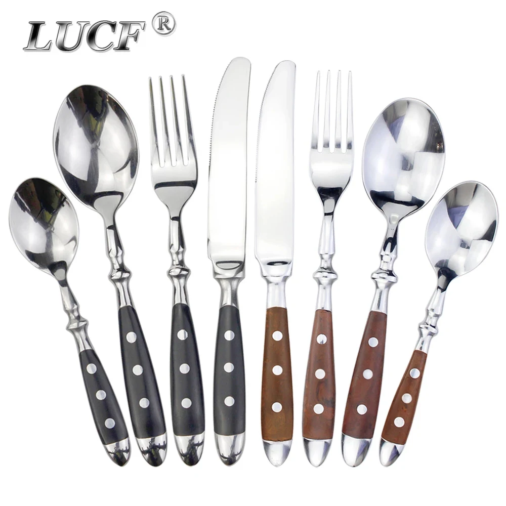 

LUCF Classic Elegant Resin Rivets Handle Style Stainless Steel Western Cutlery 4 In 1 Set Delicate Utensils Dinnerware For Home