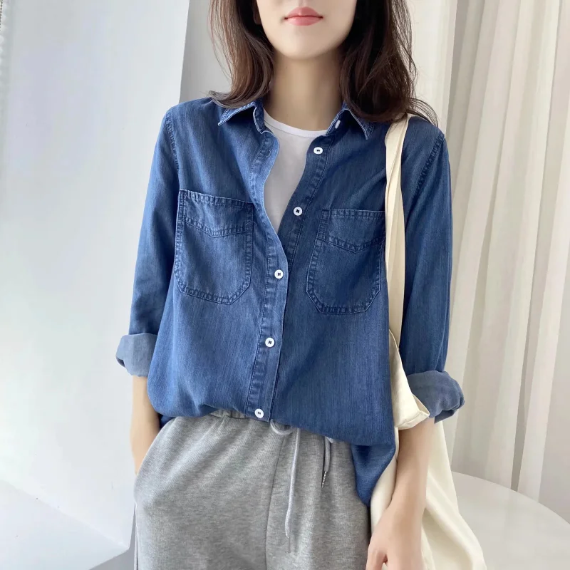 

Early Autumn Thin Denim Shirt Women's Korean Version Autumn Women's New Loose Casual Solid Color Denim Shirt Shirt Coat 2114
