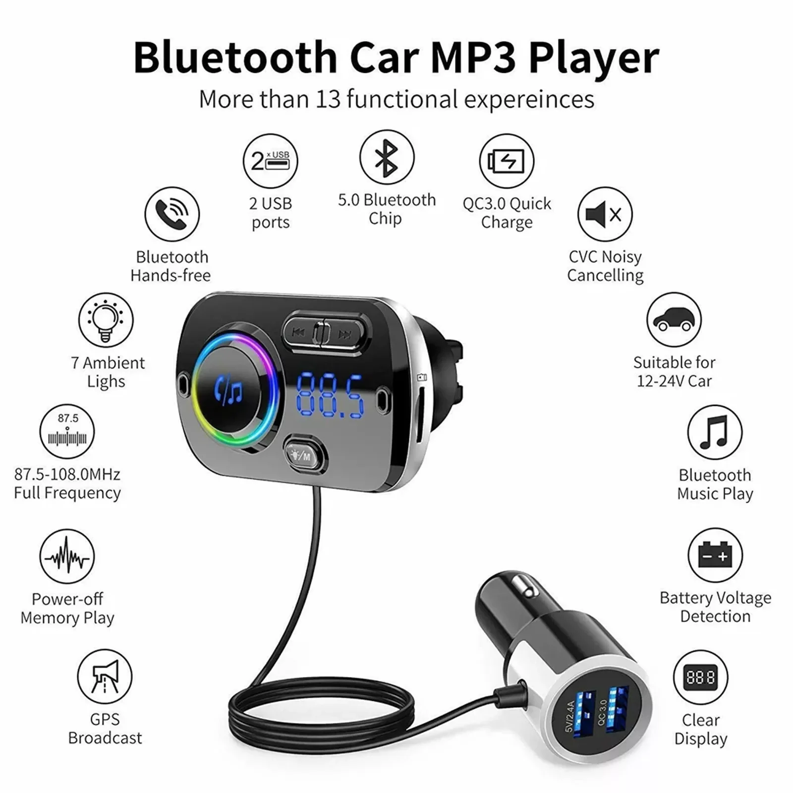 

Bluetooth 5.0 Usb Car Charger Fm Transmitter Handsfree Car Kit Music Receiver Adapter Led Display Quick Charging Accessories
