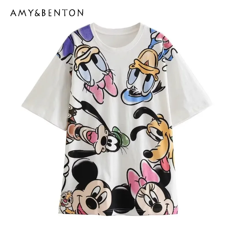 

New Women's Clothing European American Style Retro Fashion Round Neck Short Sleeves Cartoon Printed Loose T-shirt Top Pullover