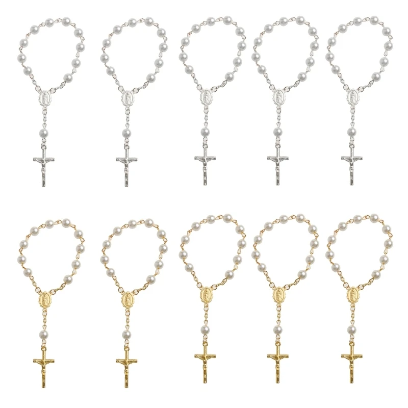 

Y51E Catholic Crossed Finger Chain Mini Rosary Finger Baptism Rosaries Faux Pearls Bracelet for Baptism Christening