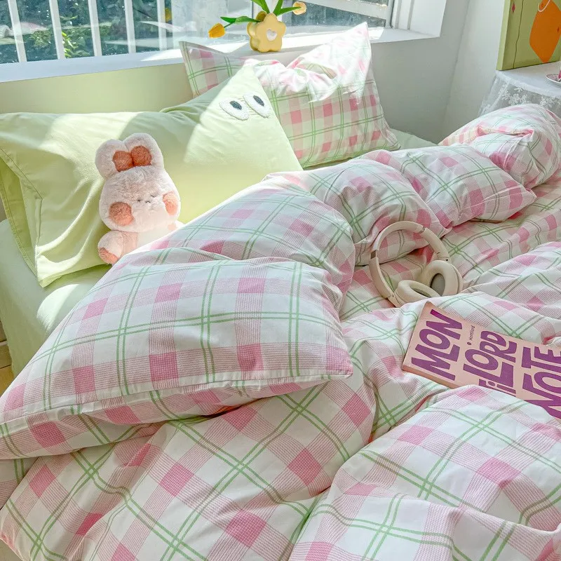 INS Solid Quilt Cover Washed Cotton Student Three-Piece Single Double E-Person Four-Piece Set Bed Sheet Bed...