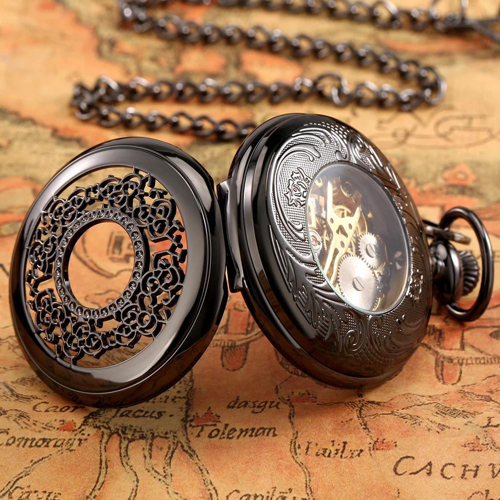Vintage Black Hollow Manual Mechanical Pocket Watch Fob Chain Arabic Numerals Display Hand Winding Pendant Antique Pocket Clock