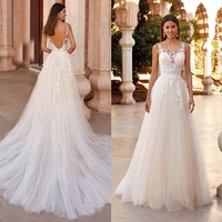 2022 lace appliqu%c3%a9 sweep train wedding dress for women charming backless sleeveless tulle bridal gown robe de mari%c3%a9e customized