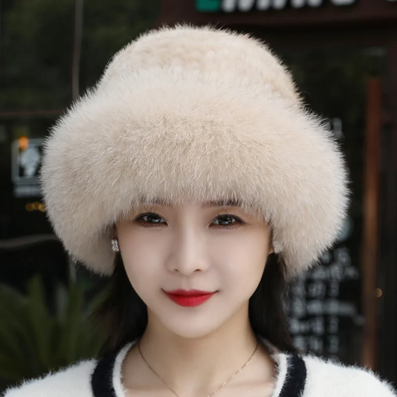 Real Mink Fur Hat for Women Winter Warm Fox Fur Kint Cap Luxury Warm Ear Protection Luxury Fluffy Mink Hats Elastic Bowler Hat