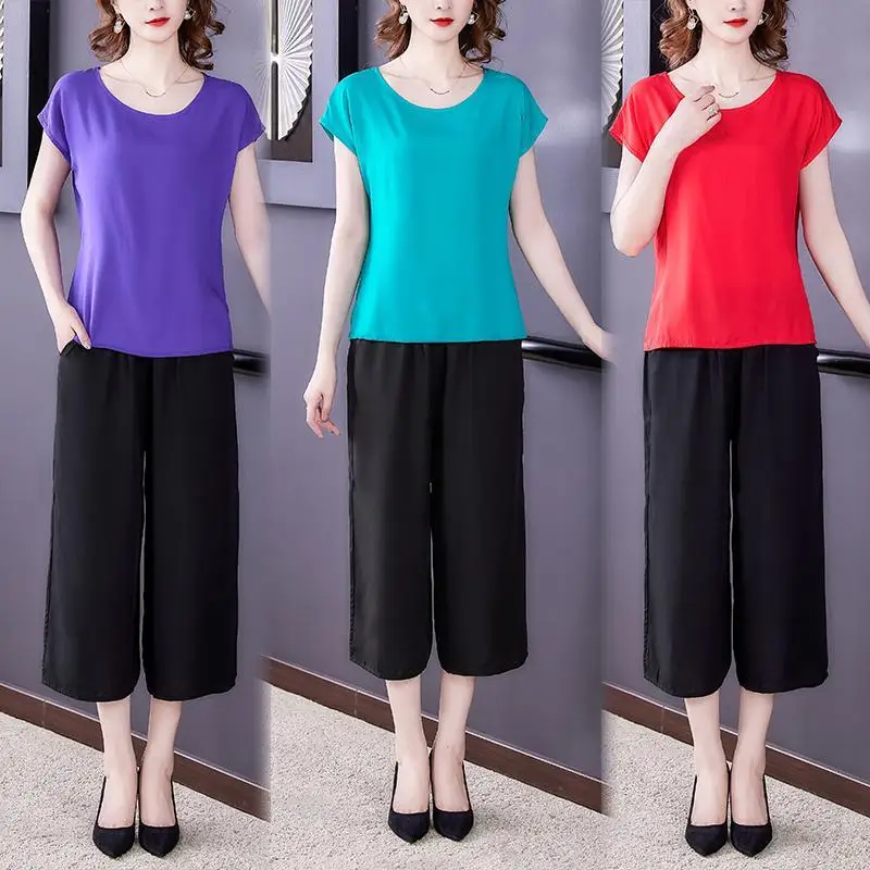 Women 2022 Summer Casual Set New Female Solid Color Soft Cotton Loose Clothes Sets Tops Pants Office Lady Work 2 Piece Suits I01