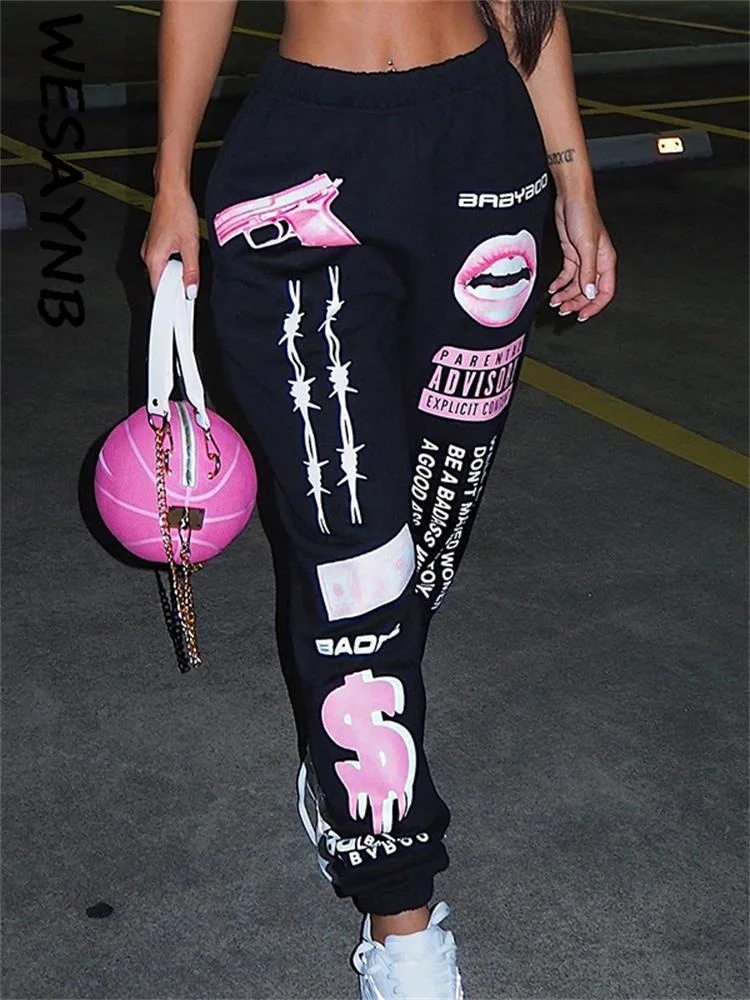 

Одежда, уличные штаны для женщин, весна 2022, женские брюки с высокой талией, спортивные брюки с принтом, черные повседневные брюки