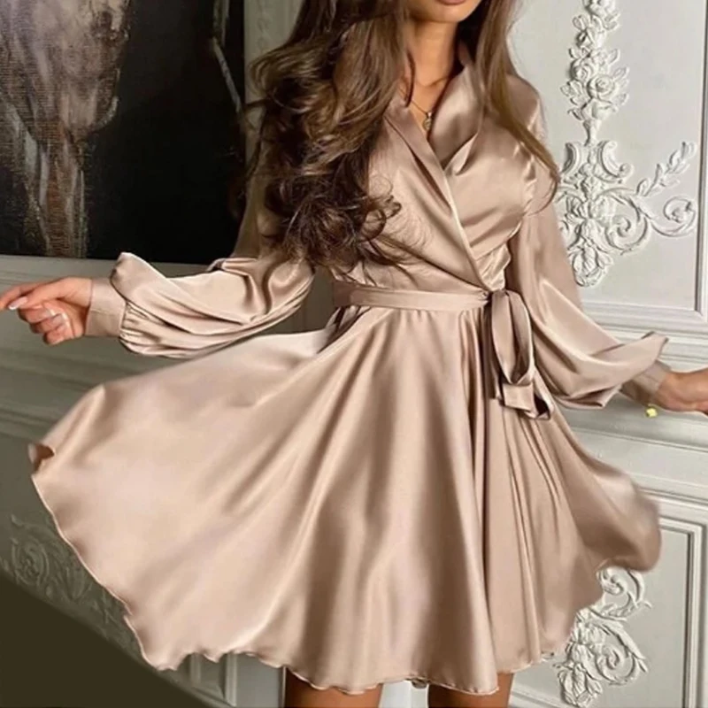 

New Women Sexy V-Neck Slip Dress Lantern Sleeve A-Line Satin Elegant Night Club Party Dress Women's Clothing Streetwear Vestidos