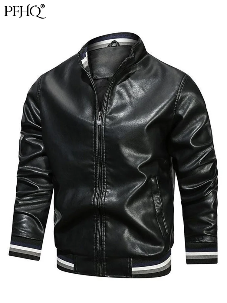 

PFHQ Trendy Pu New Leather Casual Autumn Solid Color Stand Collar Jacket Stylish Men's Waterproof Coat Clothes Windbreak 21B1329