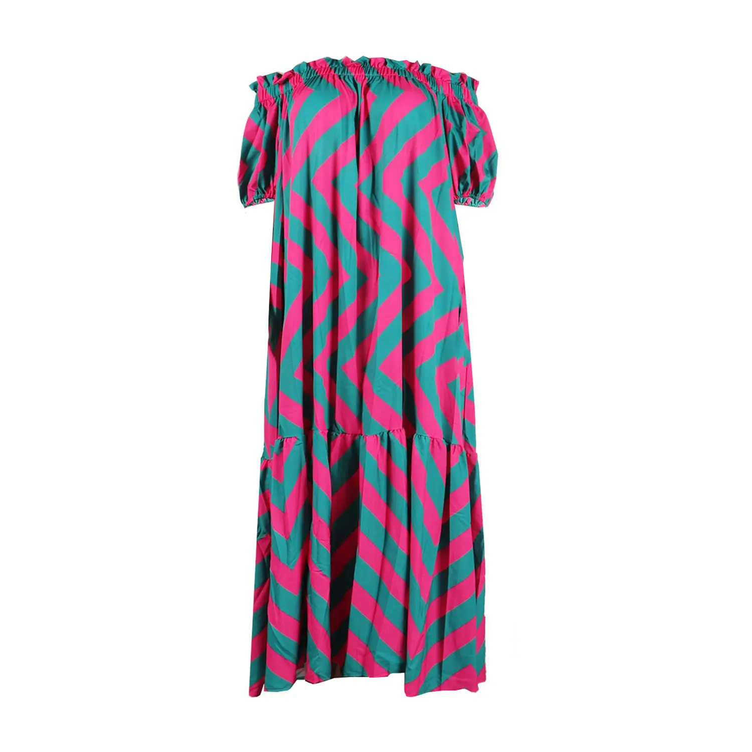 Женское длинное платье-макси с открытыми плечами и принтом