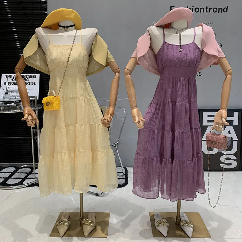 

New in Women's Clothing 2023 Spring Contrast color sweet Pleated suspender dress+short Cardigan coat two-piece set