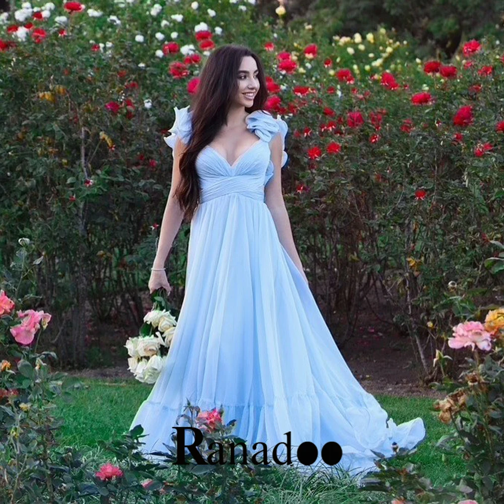 

Ranadoo Simple Ruffles Prom Evening Dress Chiffon V Neck A Line Backless Lacing Up Sleeveless Pleats Beach Party Gown Customised