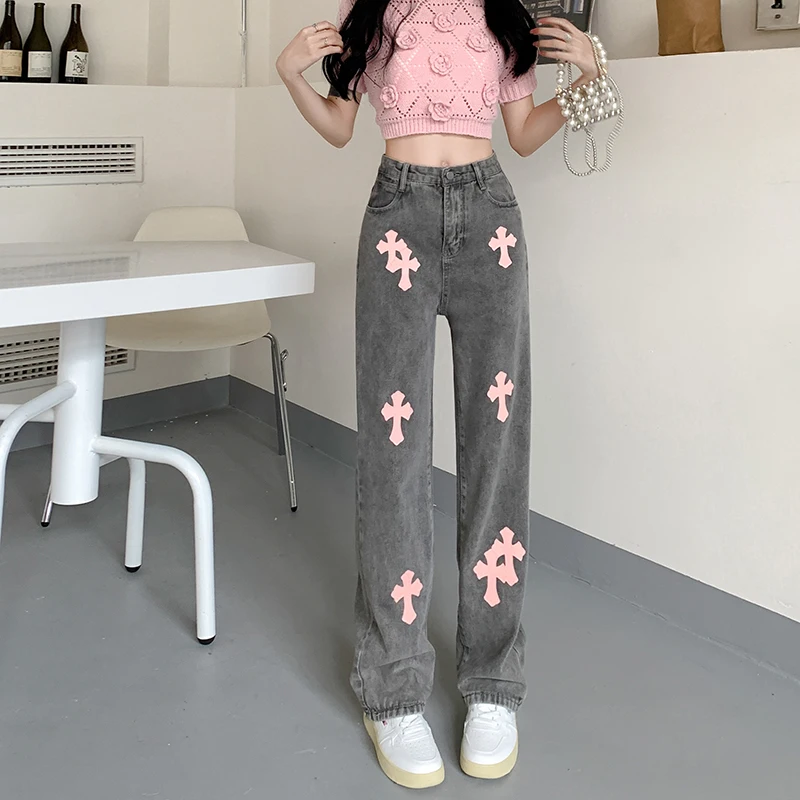 

Y2K Korean Streetwear Hip Hop Cross Straight Baggy Grunge Jeans for Women Denim Pants Wide Leg Oversized Alt Trousers Clothes