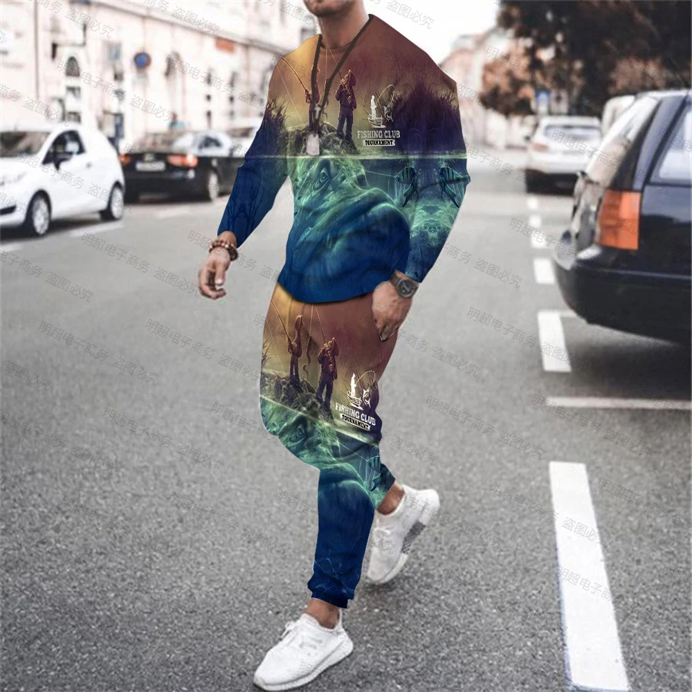 New Bass Fishing T-Shirt Long Sleeve Sweatshirt Print Crew Neck Outdoor Fishing Vacation Fun Sports Streetwear Pant Set