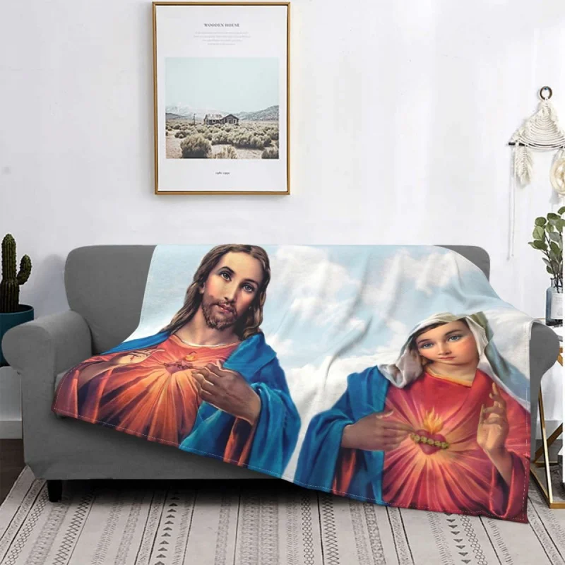 

Sacred Immaculate Hearts With Sky Background Jesus Christ Nativity Blanket Flannel Throw Blankets For bed Plush Thin Quilt