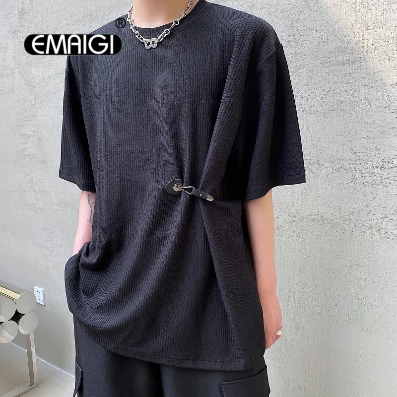 

Men Adjustable Tape Short Sleeve Loose Casual Japan Harajuku Streetwear Chic Fashion T-Shirt Male Korean Style Knit Tees Shirts