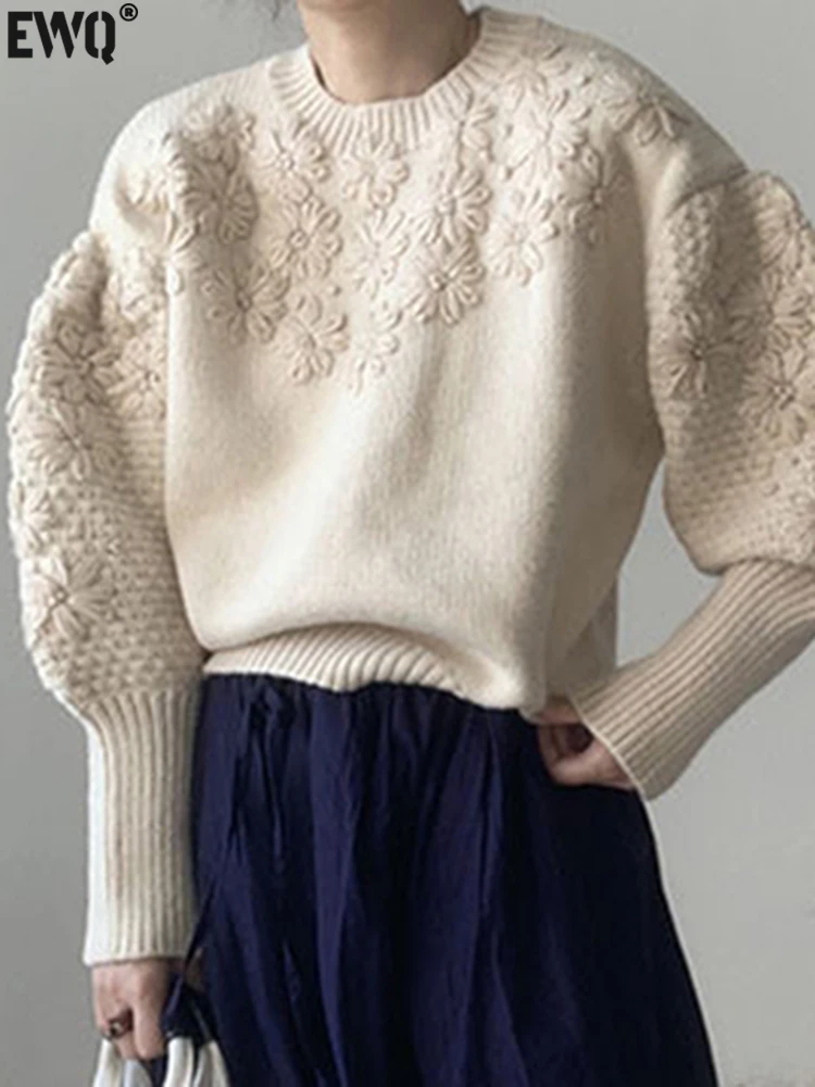 

[EWQ] Woman Sweaters O-neck Lantern Sleeve Vintage Knit Pullovers Tops 3D Embroidery Floral Jumper Autumn 2023 Winter Clothing