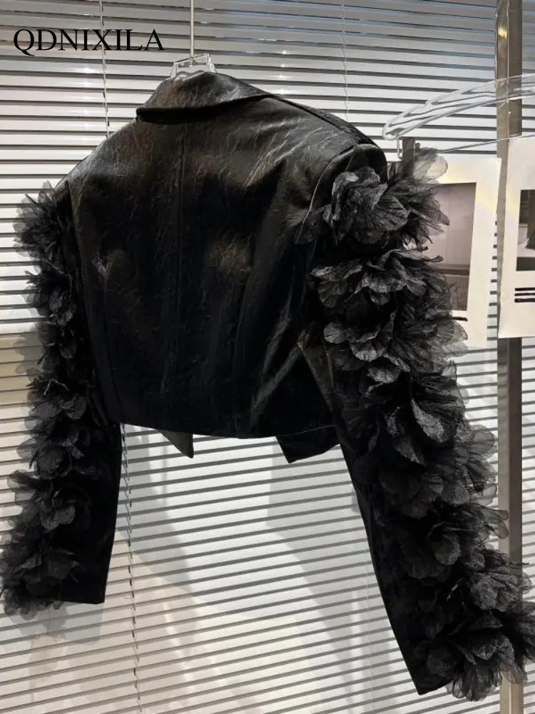 Leather Jacket Women Three-dimensional Flower Short Spring Jacket Women 2023 New Outerwear Women's Fashion Jackets Female Outer