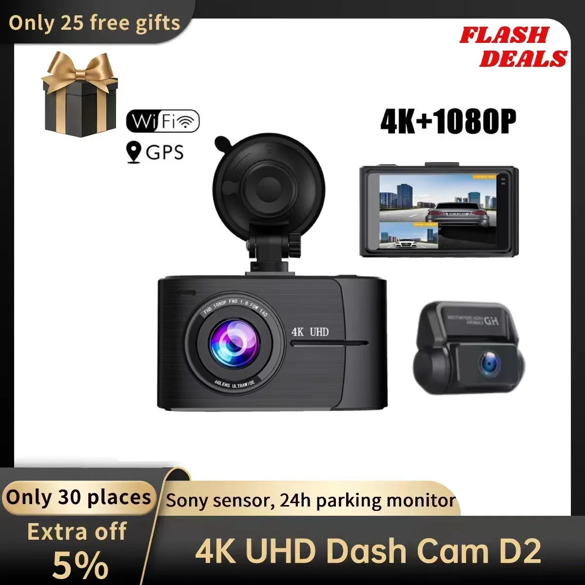 D2 Dash Cam 4K 2160P Night Vision Car Camera Recorder GPS Wi-Fi Dashcam 24H Parking Monitor 170°FOV dvr Rear View Camera For Car