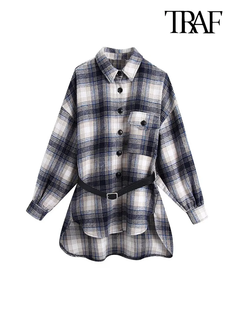 

Куртка женская клетчатая с поясом, длинным рукавом и пуговицами спереди