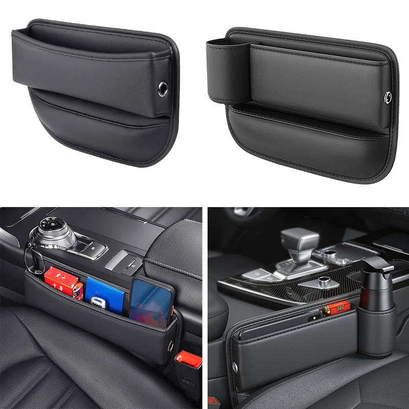 

PU Leather Car Seat Gap Organizer Auto Console Side Storage Box with Cup Holder Seat Crevice Storage Box for Cellphones Cards