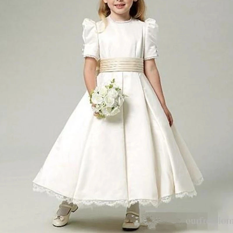 

White Ivory Satin Flower Girl Dresses With Champagne Bow Sash Jewel Neck Ankle Length Bubble Short Sleeves Lace Hemline Formal