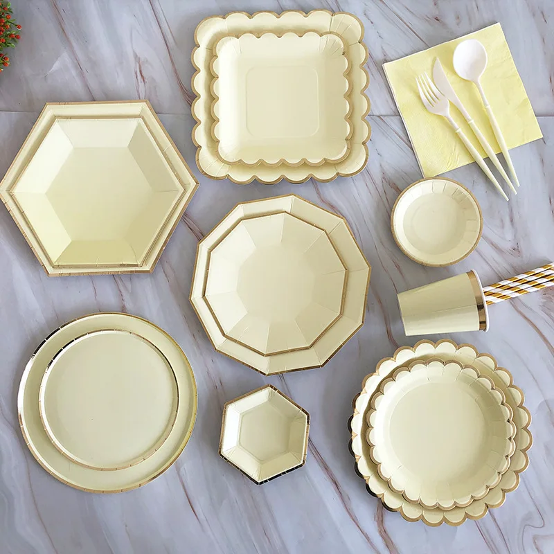 

Stamping Plates Disposable Golden Cups Paper Napkins Party Plates Happy Birthday Party Decorate Adult Wedding Dishes Tableware