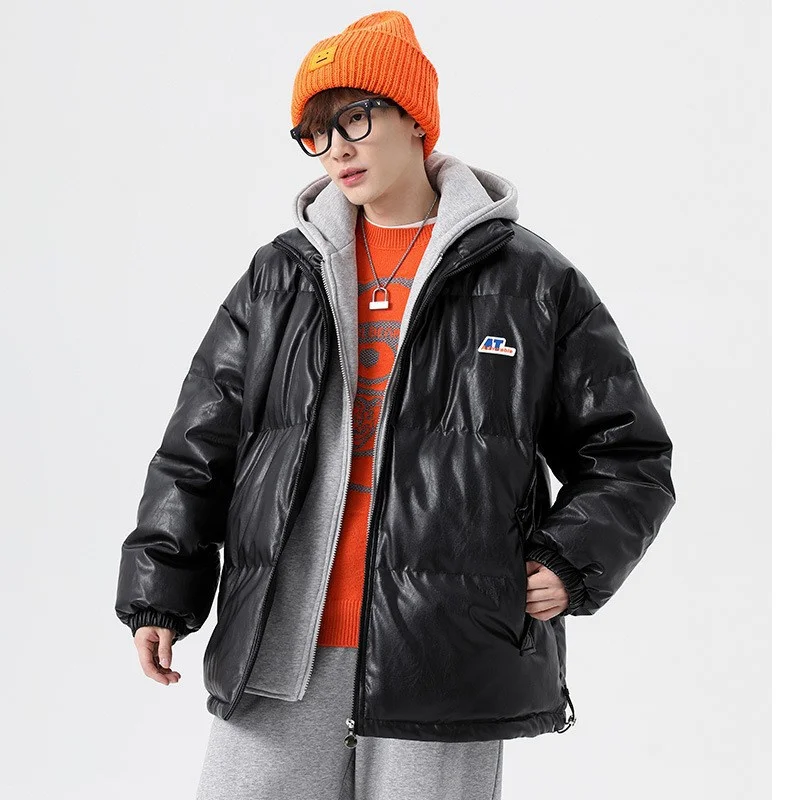 Men's Cotton Padded Clothes New Pu Leather  Are Popular In Winter. Two Thick Hooded Coats Are Fashionable And Warm