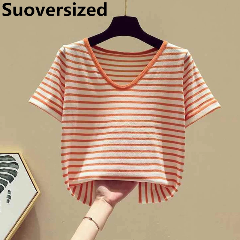 

Женская трикотажная футболка в полоску, тонкий эластичный Топ с коротким рукавом и V-образным вырезом, Свободный Повседневный Укороченный трикотажный топ в Корейском стиле на лето