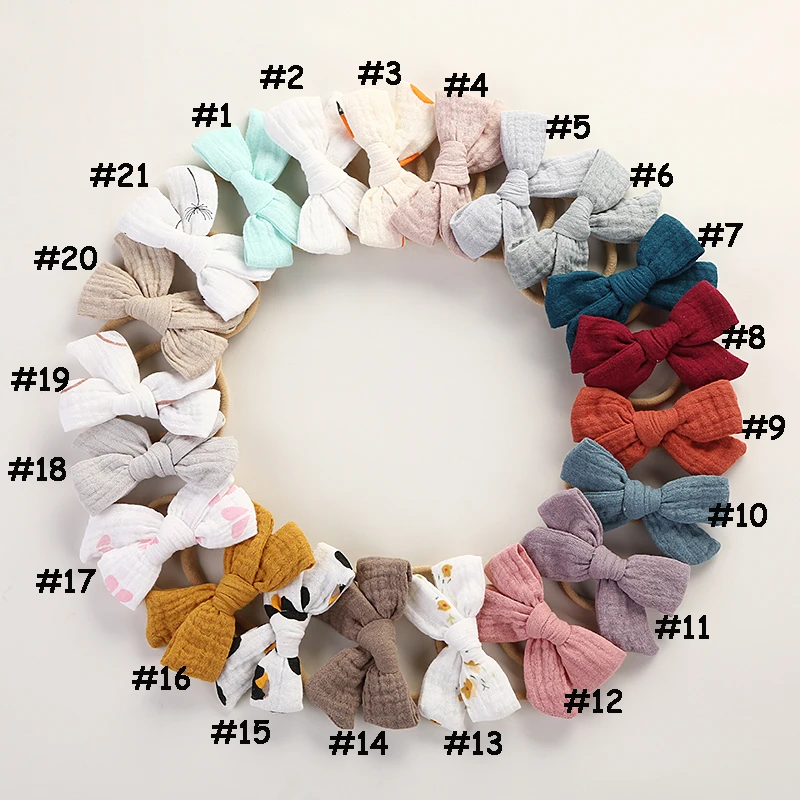 

20 Pcs/Lot,3.6" Muslin Cotton Hair Bow Headband Girls Leopard Floral Print Hair Bow Nylon Headbands Baby Girl Knotbow Hairpins