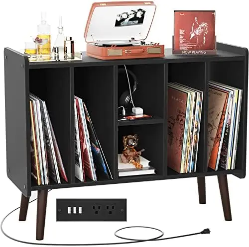 Record Player Stand, Vinyl Record Storage Table with Power Outlet Holds Up to 200 Albums, Turntable Stand with Wood Legs, Vinyl
