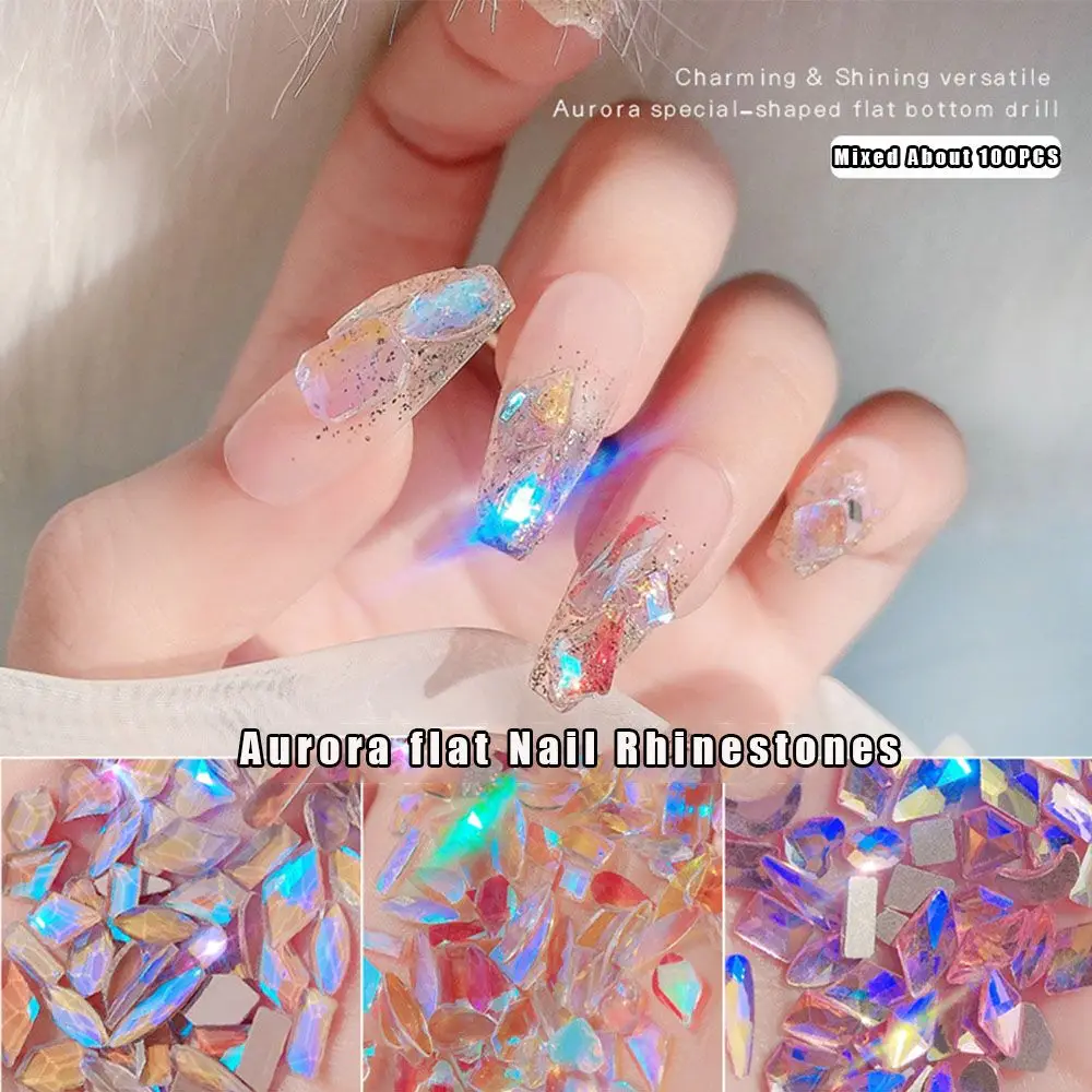 

100PCS 3D Aurora Mixed Flat Nail Rhinestones Various Shapes Diamond Crystal Manicure Decorations