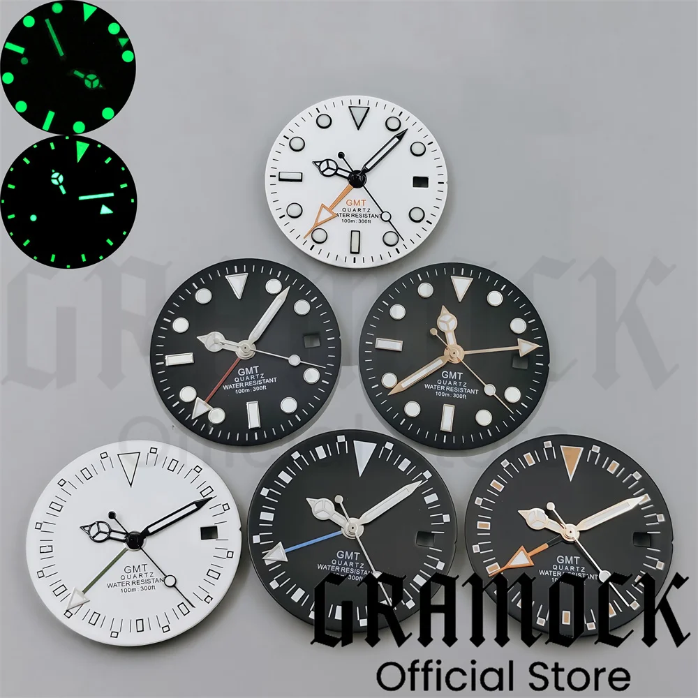 Циферблат кварцевых часов Gramock 29 мм 515 черный белый цвет со стрелками зеленый